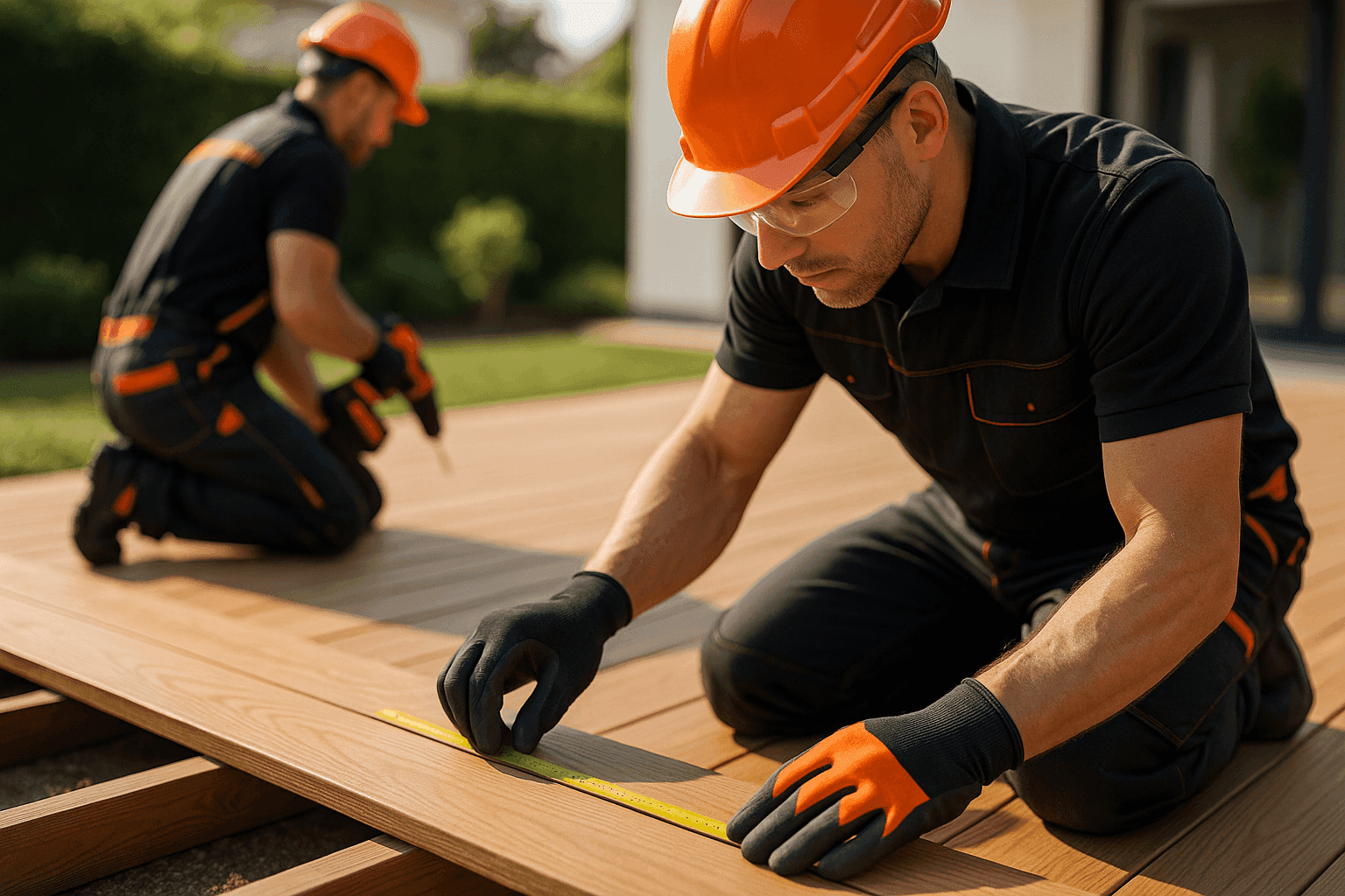 Professional decking installation with worker measuring wooden plank wearing safety gear