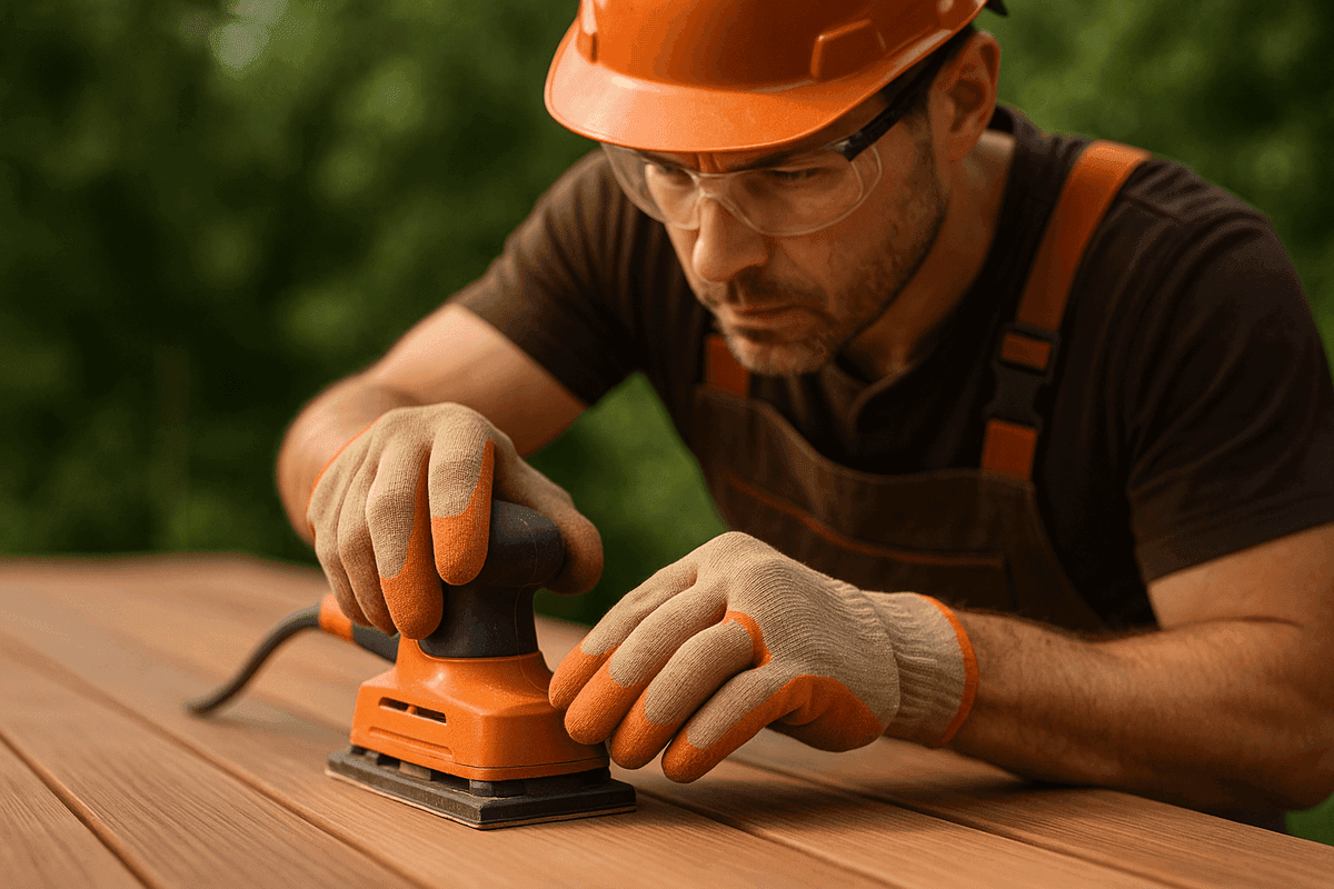 Close-up of deck builder sanding wooden plank wearing gloves and safety goggles